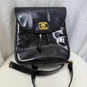 CHANEL Backpack Vintage Bag Patent Leather Black CC